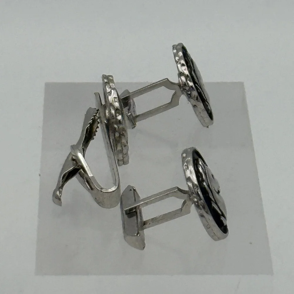 Vintage Silver Tone Horse Head Cufflinks & Tie Clip Set Black Enamel Equestrian